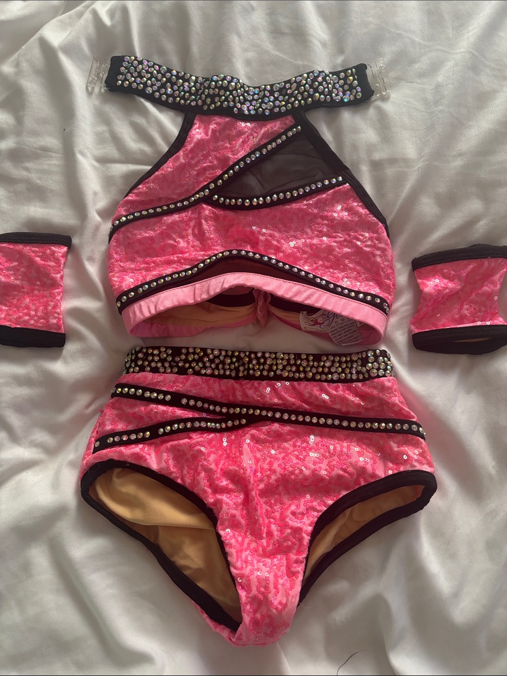 Glamour Hot Pink Sequin Two-Piece Dance Set with Rhinestones